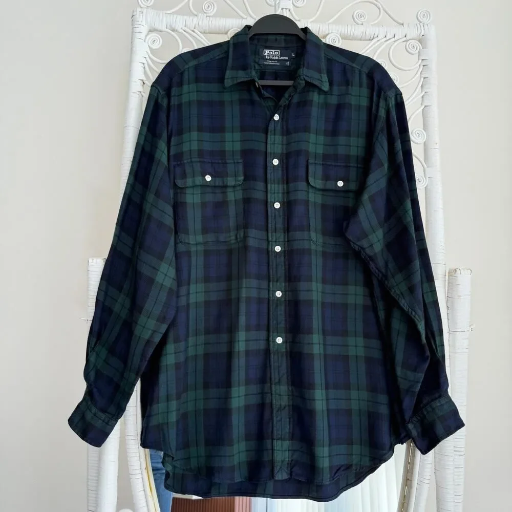 Ralph Lauren Shirt Mens Large Green Blue Tartan Blackwatch Silk Flannel USA Made
